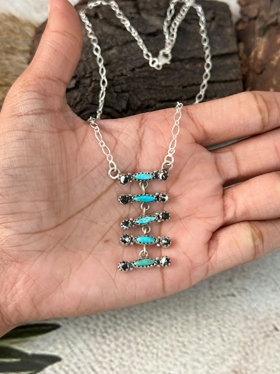 Handmade Sterling Silver White Buffalo with Kingman Turquoise Necklace Signed Nizhoni