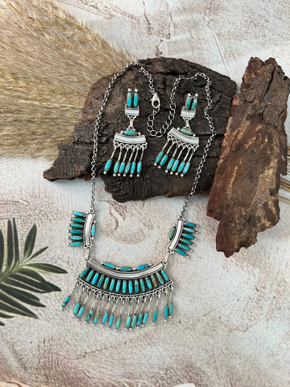 Handmade Sterling Silver Kingman Turquoise Necklace and Earrings Set Signed Nizhoni