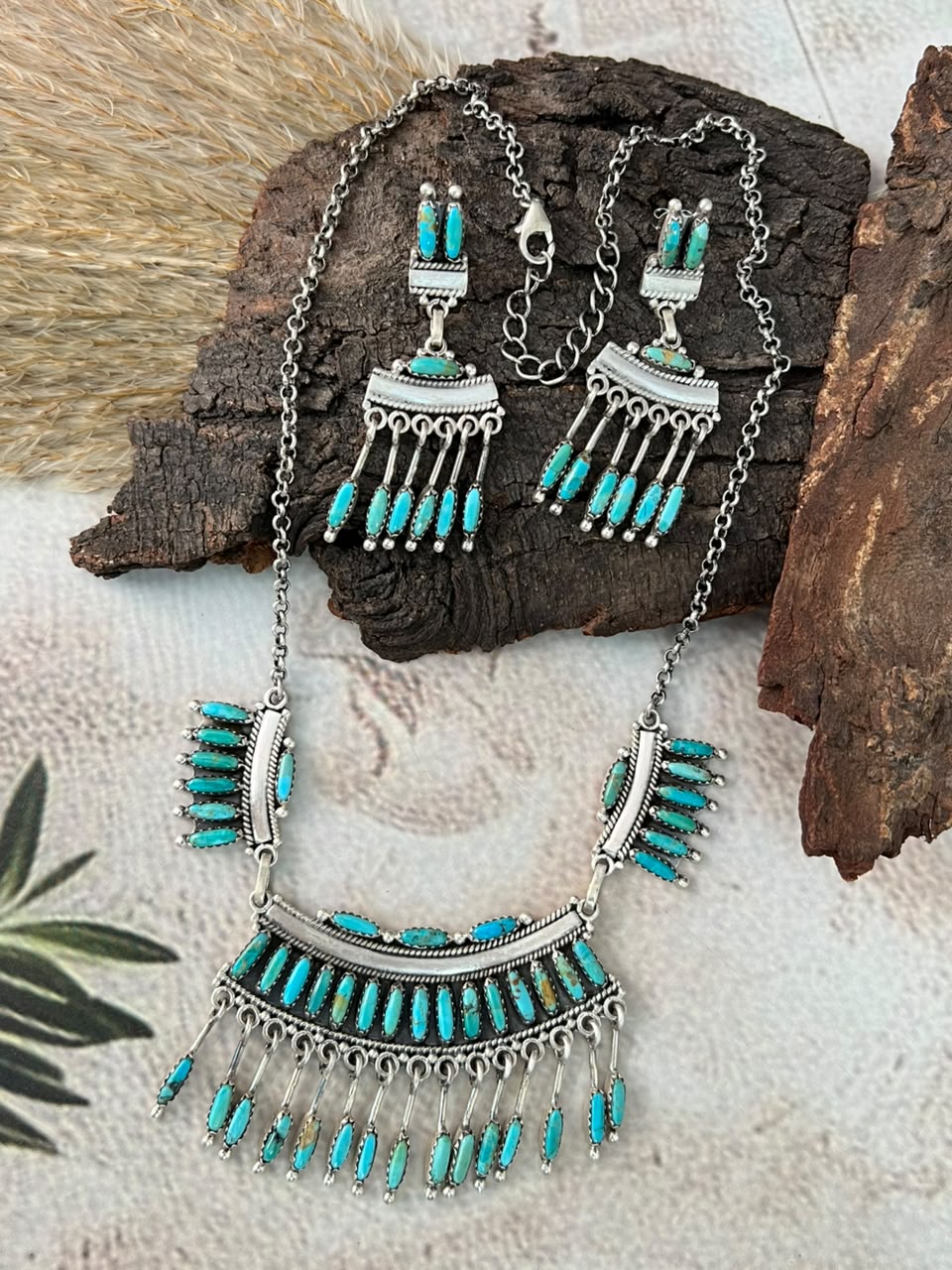 Handmade Sterling Silver Kingman Turquoise Necklace and Earrings Set Signed Nizhoni