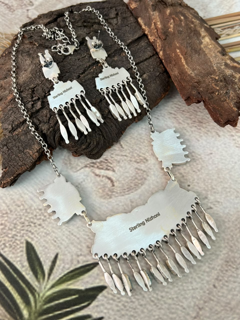 Handmade Sterling Silver Kingman Turquoise Necklace and Earrings Set Signed Nizhoni