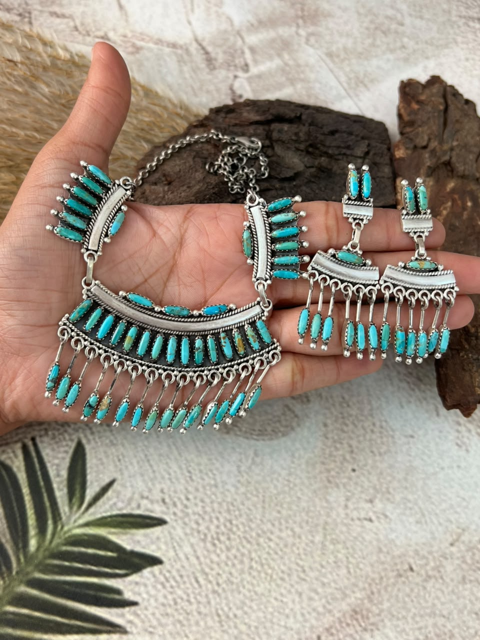 Handmade Sterling Silver Kingman Turquoise Necklace and Earrings Set Signed Nizhoni