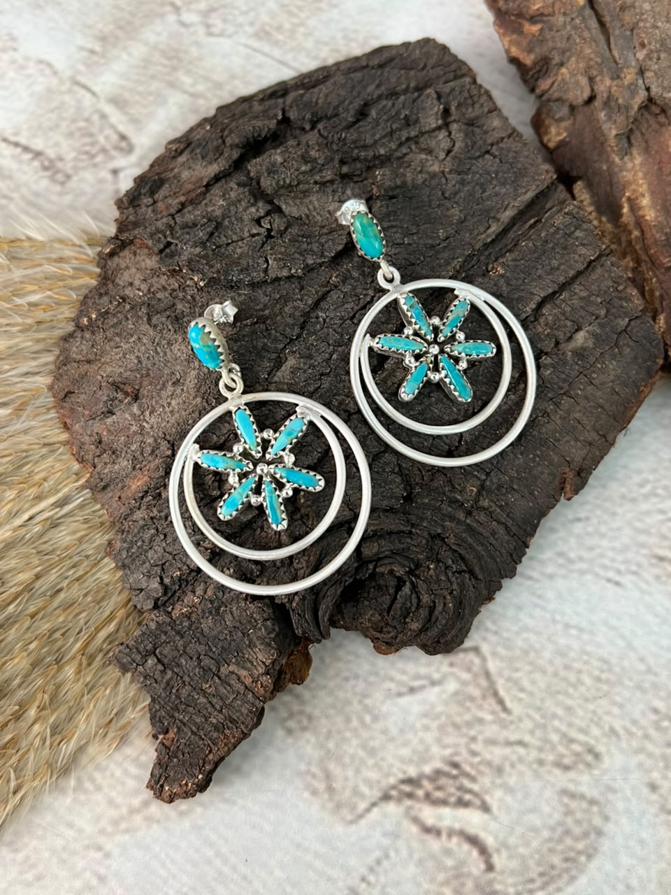 Handmade Sterling Silver Kingman Turquoise Post Dangle Earrings Signed Nizhoni