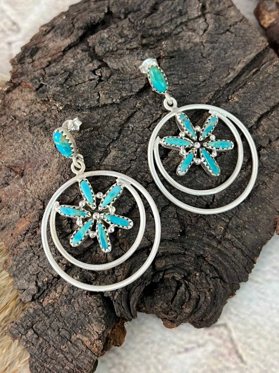 Handmade Sterling Silver Kingman Turquoise Post Dangle Earrings Signed Nizhoni