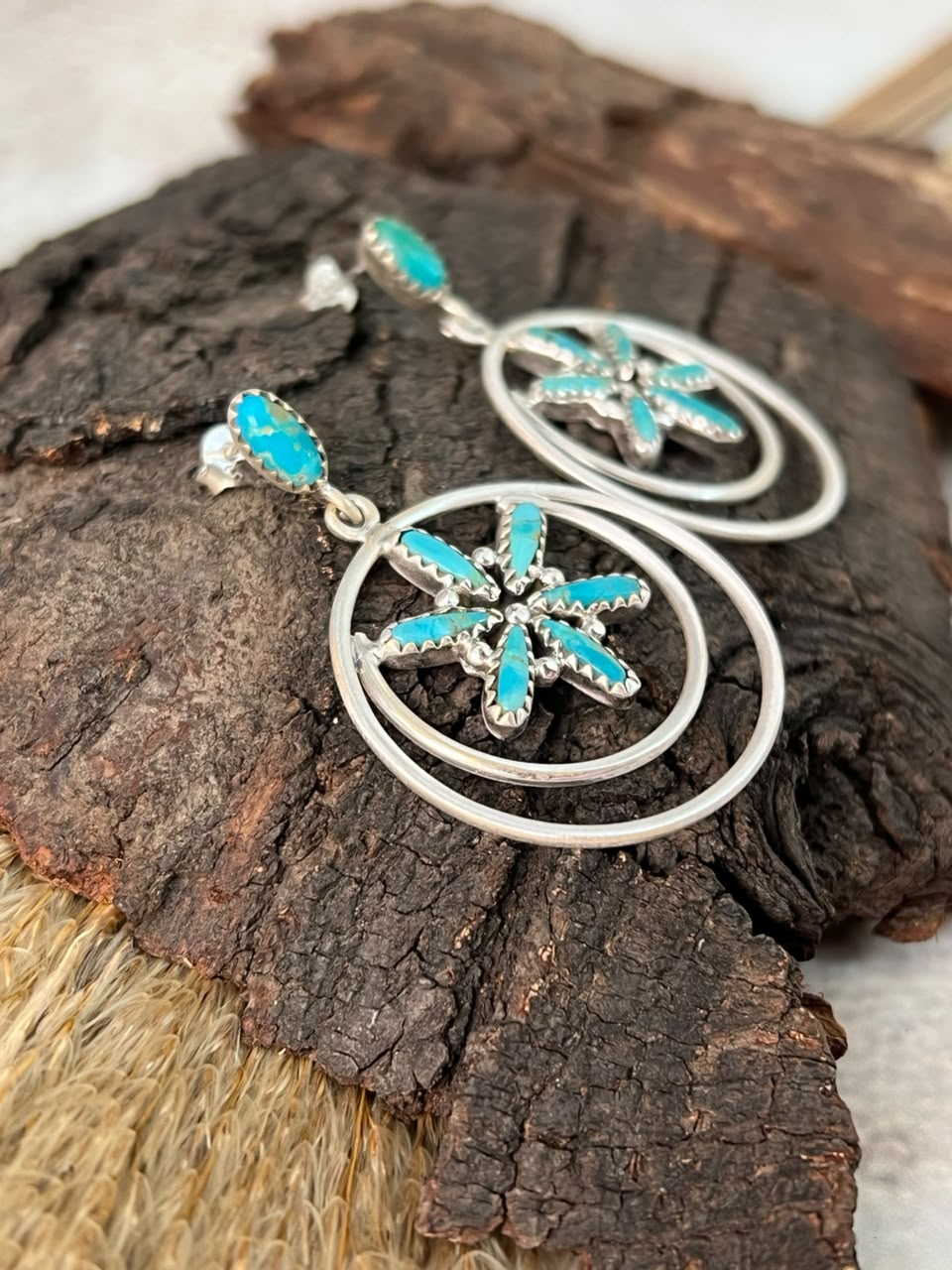 Handmade Sterling Silver Kingman Turquoise Post Dangle Earrings Signed Nizhoni