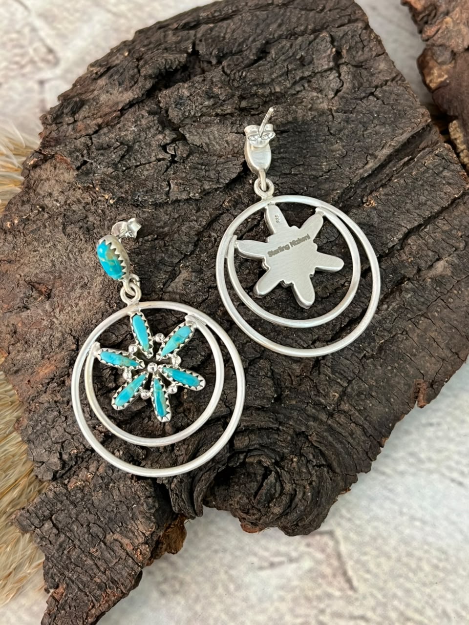 Handmade Sterling Silver Kingman Turquoise Post Dangle Earrings Signed Nizhoni