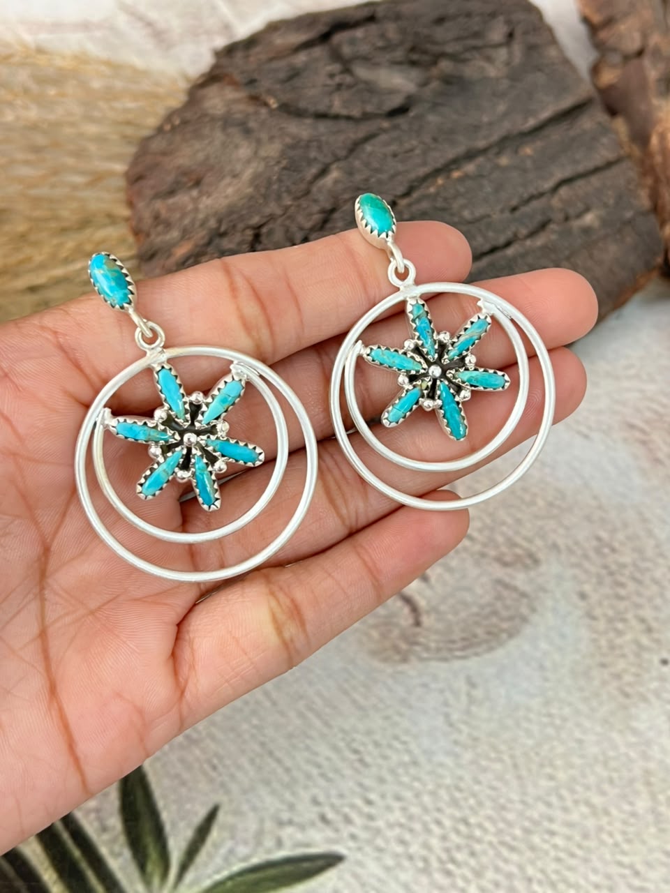 Handmade Sterling Silver Kingman Turquoise Post Dangle Earrings Signed Nizhoni