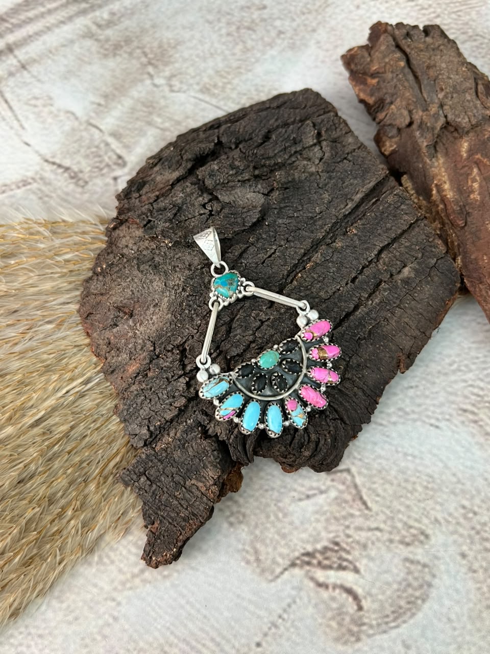 Handmade Sterling Silver Cotton Candy with White Buffalo and Kingman Turquoise Pendant Signed Nizhoni