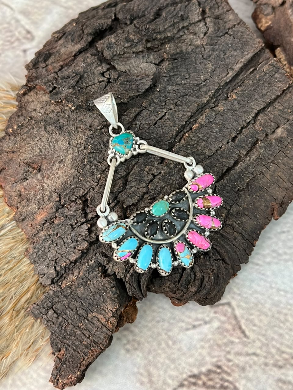Handmade Sterling Silver Cotton Candy with White Buffalo and Kingman Turquoise Pendant Signed Nizhoni