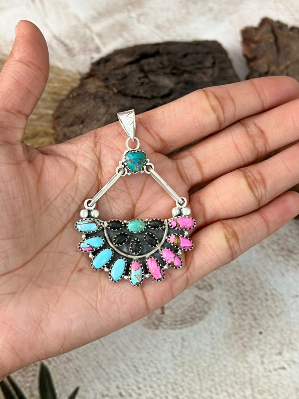 Handmade Sterling Silver Cotton Candy with White Buffalo and Kingman Turquoise Pendant Signed Nizhoni