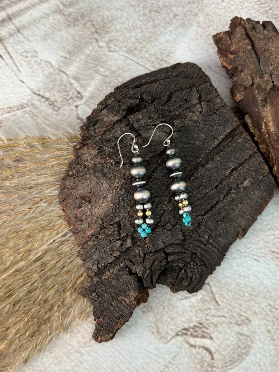 Handmade Sterling Silver Kingman Turquoise Hook Dangle Beaded Earrings