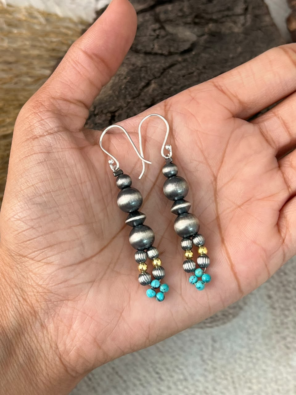 Handmade Sterling Silver Kingman Turquoise Hook Dangle Beaded Earrings