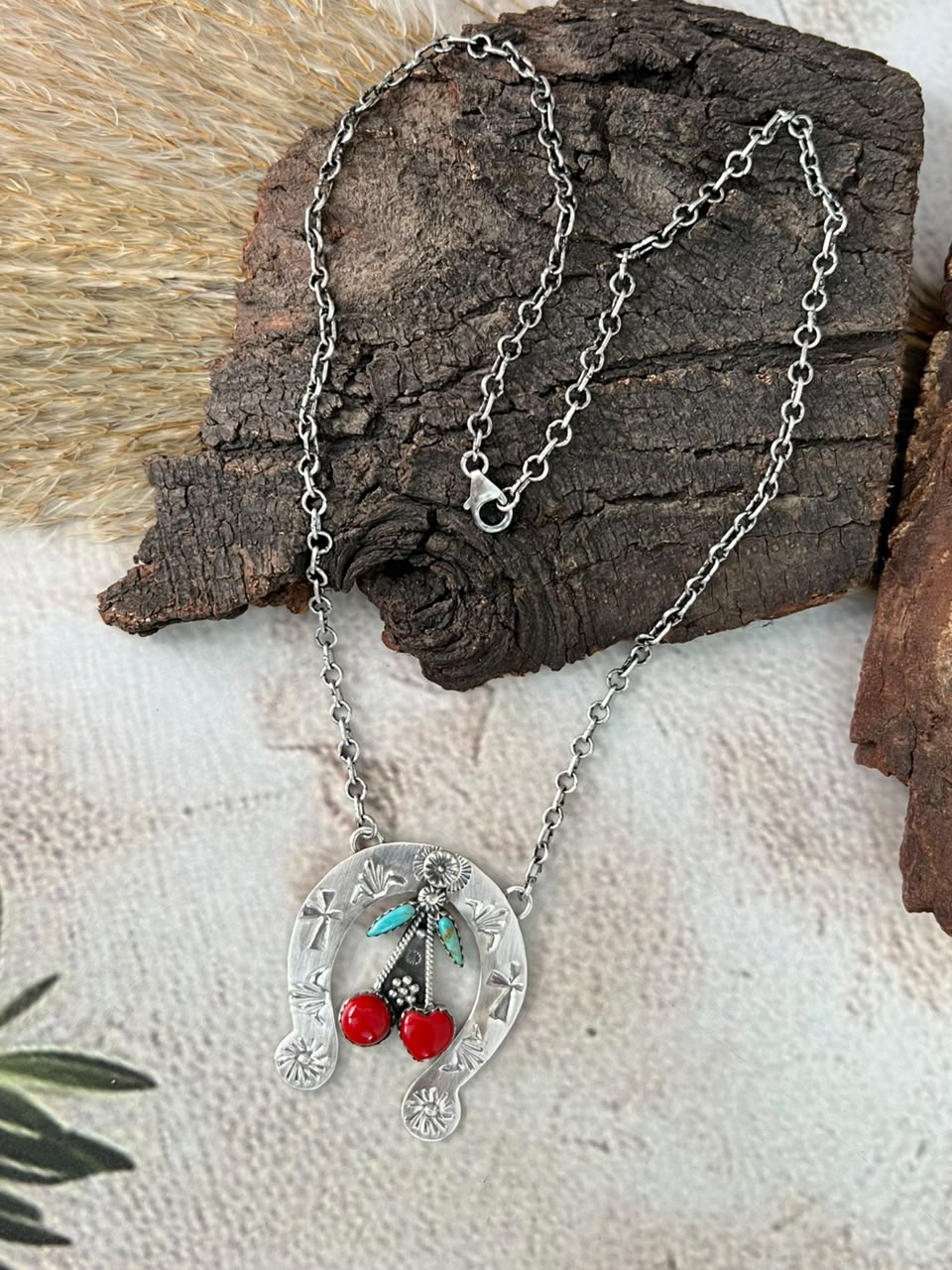 Handmade Sterling Silver Kingman Turquoise with Rosarita Cherry Naja Necklace Signed Nizhoni