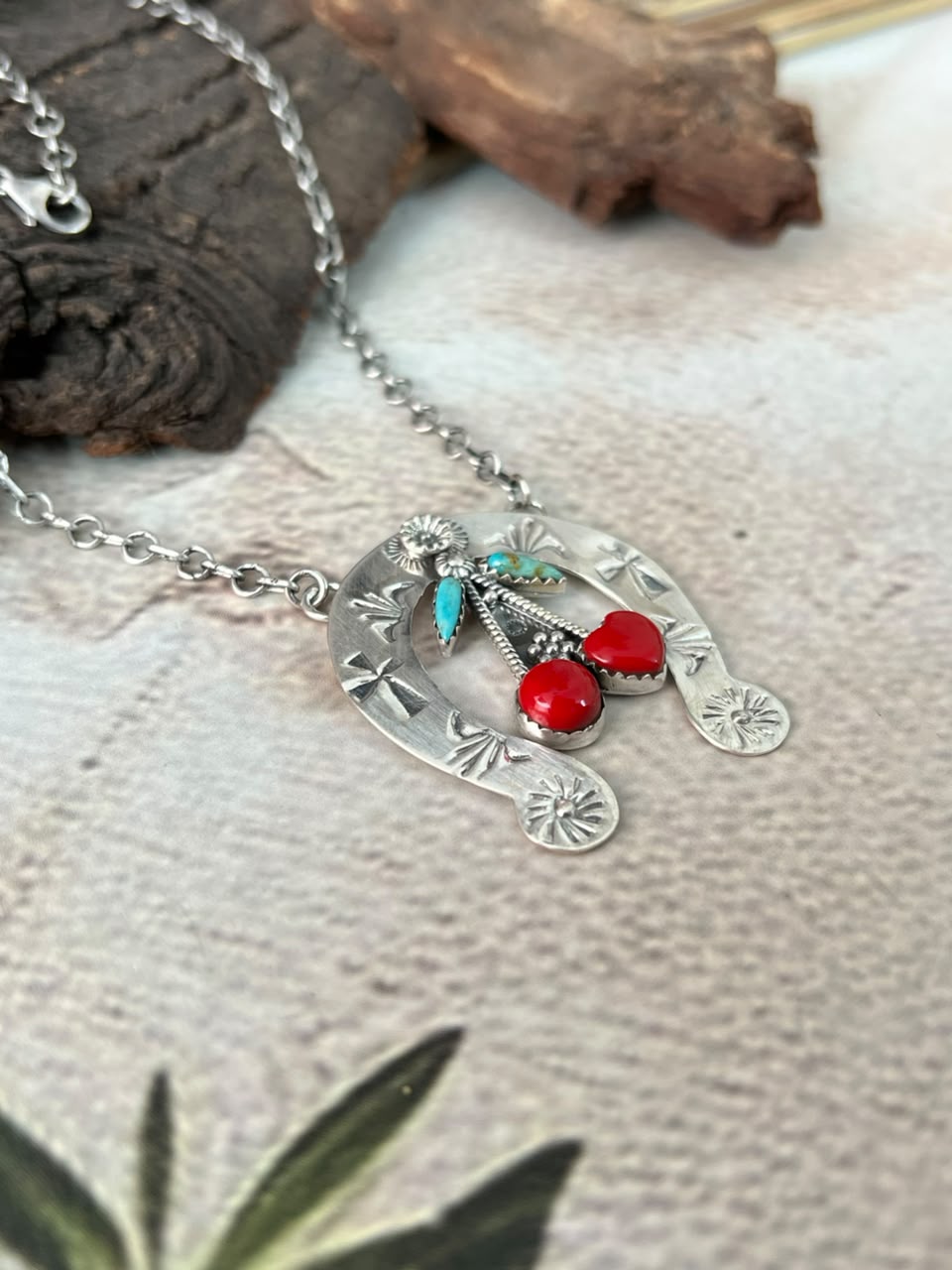 Handmade Sterling Silver Kingman Turquoise with Rosarita Cherry Naja Necklace Signed Nizhoni