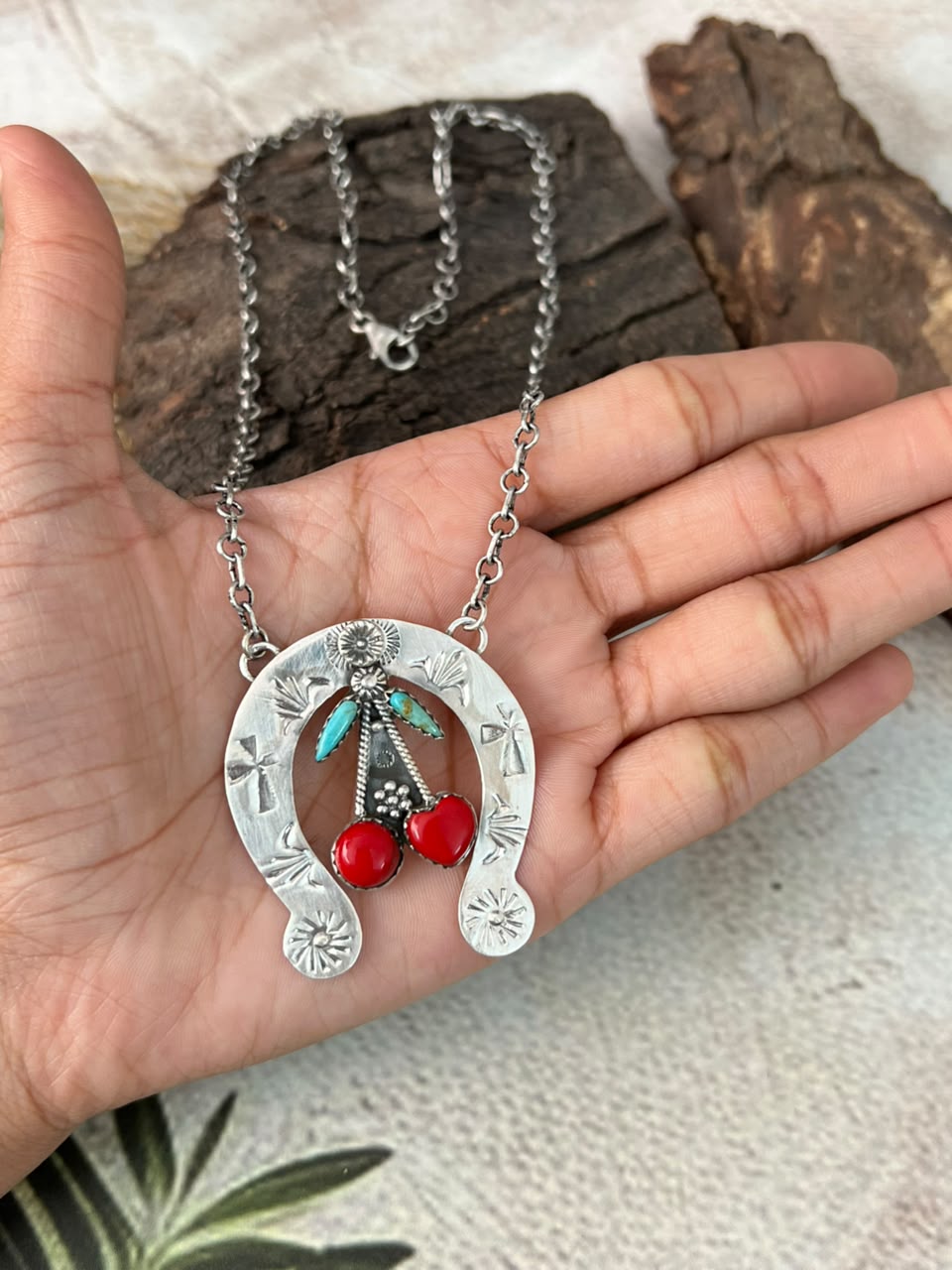 Handmade Sterling Silver Kingman Turquoise with Rosarita Cherry Naja Necklace Signed Nizhoni