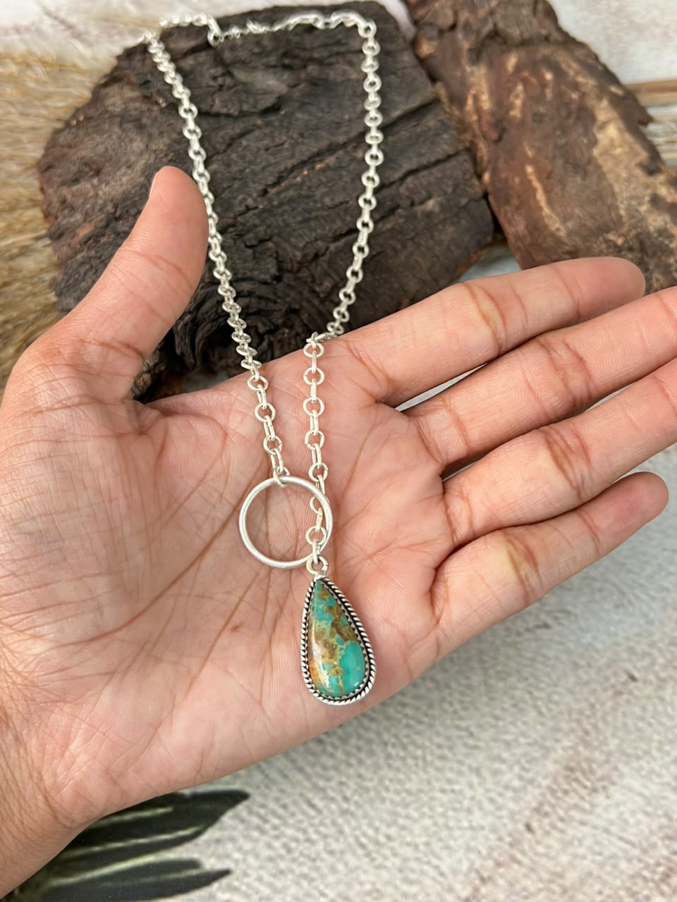Handmade Sterling Silver Sonoran Mountain Turquoise Lariat Necklace Signed Nizhoni