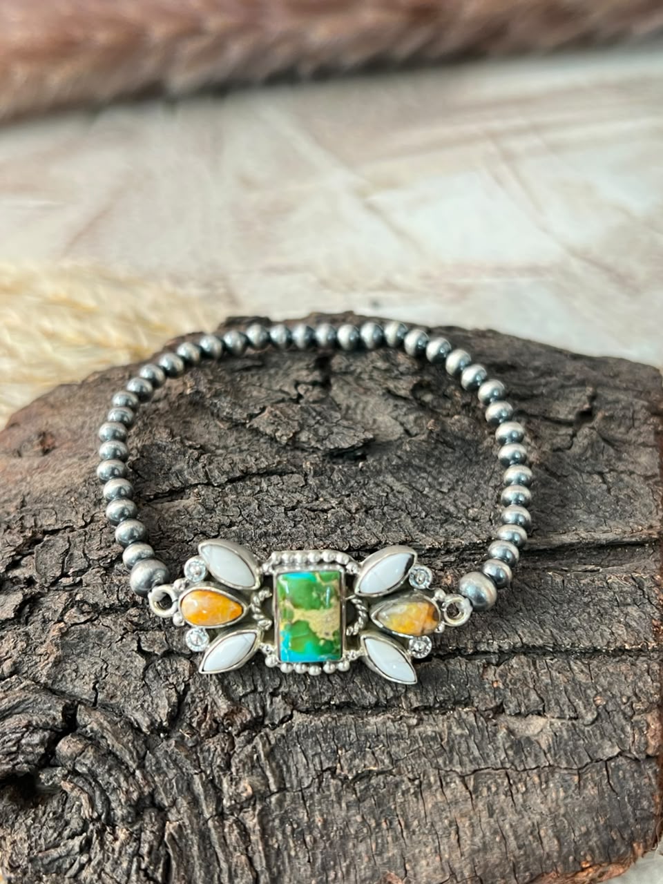 Handmade Sterling Silver Sonoran Mountain Turquoise with Bumblebee and White Buffalo Spring Collection: Stretchy Beaded Bracelet Signed Nizhoni