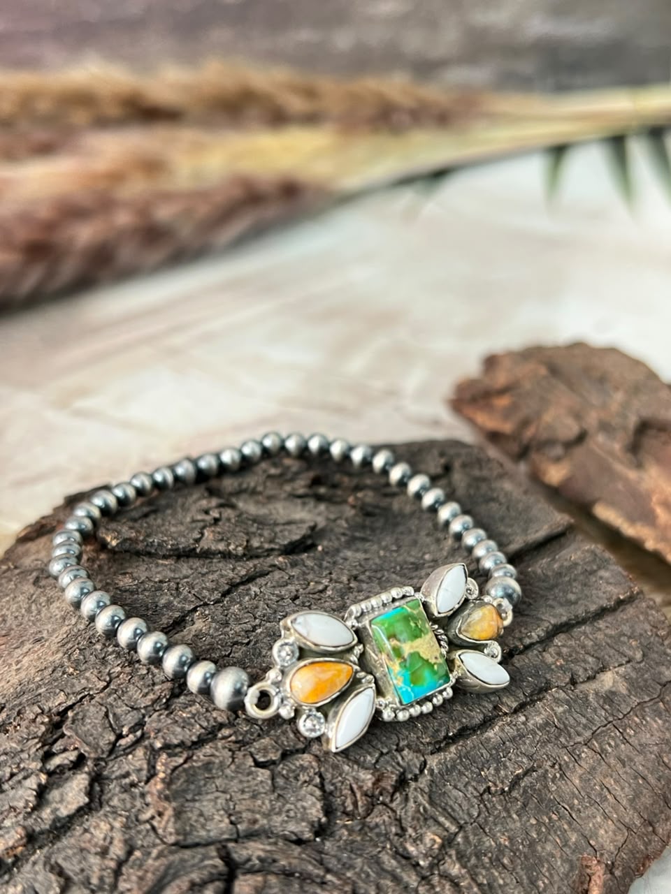 Handmade Sterling Silver Sonoran Mountain Turquoise with Bumblebee and White Buffalo Spring Collection: Stretchy Beaded Bracelet Signed Nizhoni