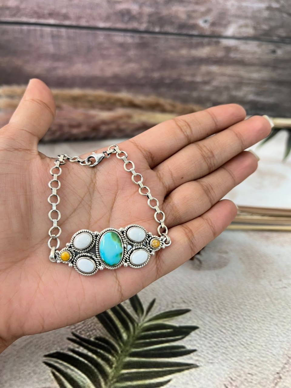 Handmade Sterling Silver Sonoran Mountain Turquoise with Bumblebee and White Buffalo Spring Collection: Chain Bracelet Signed Nizhoni