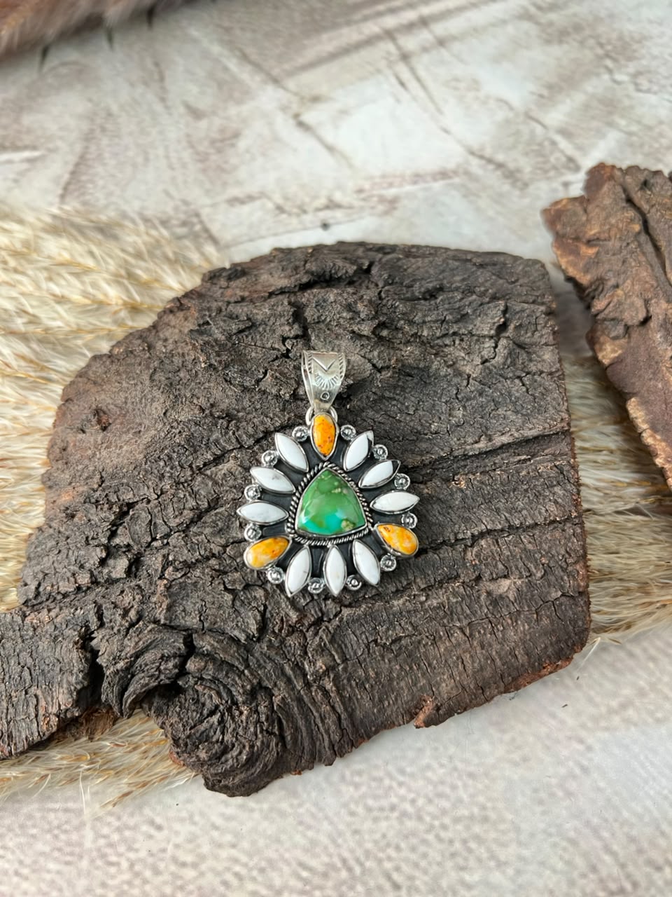 Handmade Sterling Silver Sonoran Mountain Turquoise with Bumblebee and White Buffalo Spring Collection: Pendant Signed Nizhoni