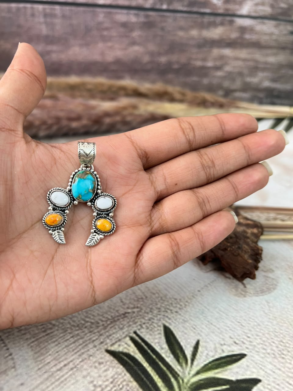 Handmade Sterling Silver Sonoran Mountain Turquoise with Bumblebee and White Buffalo Spring Collection: Naja Pendant Signed Nizhoni