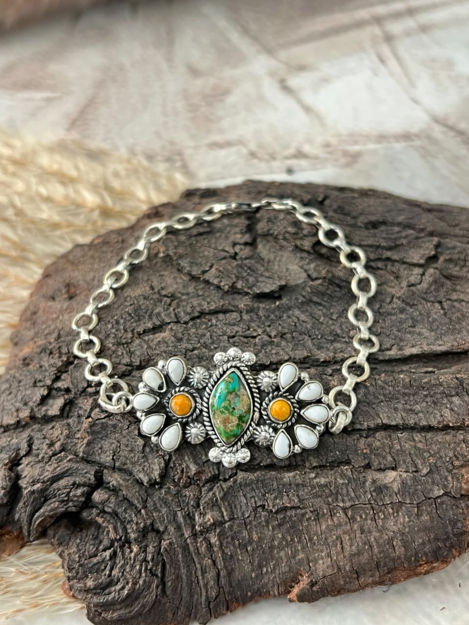 Handmade Sterling Silver Sonoran Mountain Turquoise with Bumblebee and White Buffalo Spring Collection: Chain Bracelet Signed Nizhoni