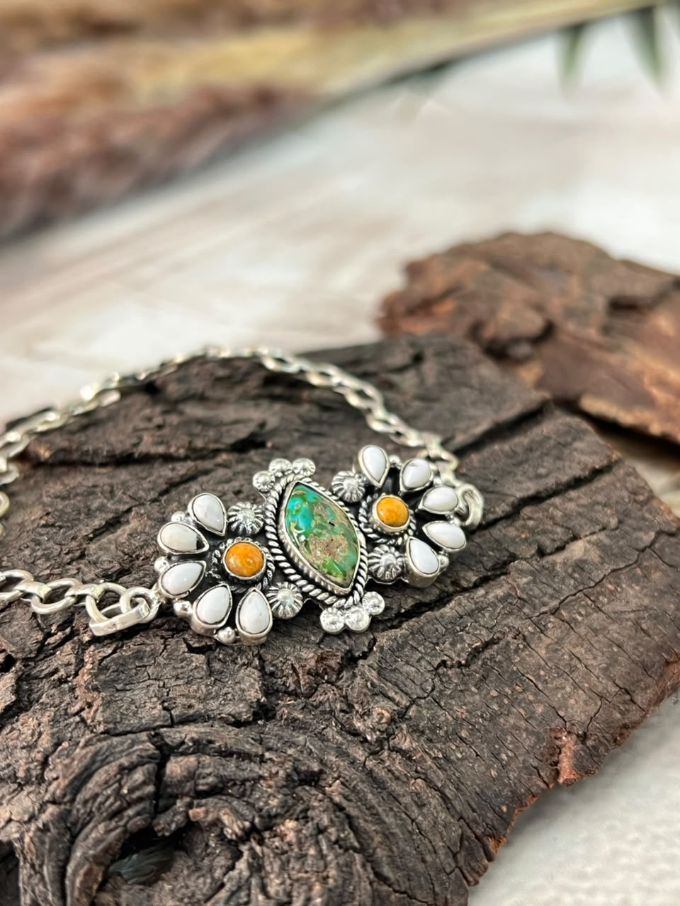 Handmade Sterling Silver Sonoran Mountain Turquoise with Bumblebee and White Buffalo Spring Collection: Chain Bracelet Signed Nizhoni