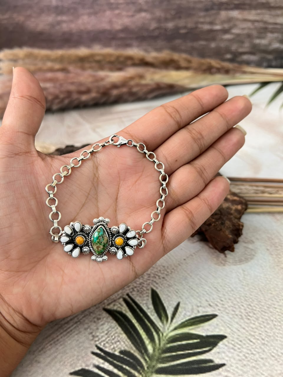 Handmade Sterling Silver Sonoran Mountain Turquoise with Bumblebee and White Buffalo Spring Collection: Chain Bracelet Signed Nizhoni