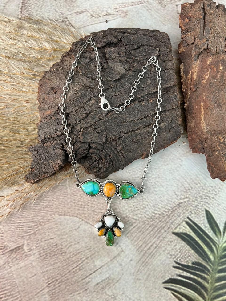 Handmade Sterling Silver Sonoran Mountain Turquoise with Bumblebee and White Buffalo Spring Collection: Necklace Signed Nizhoni