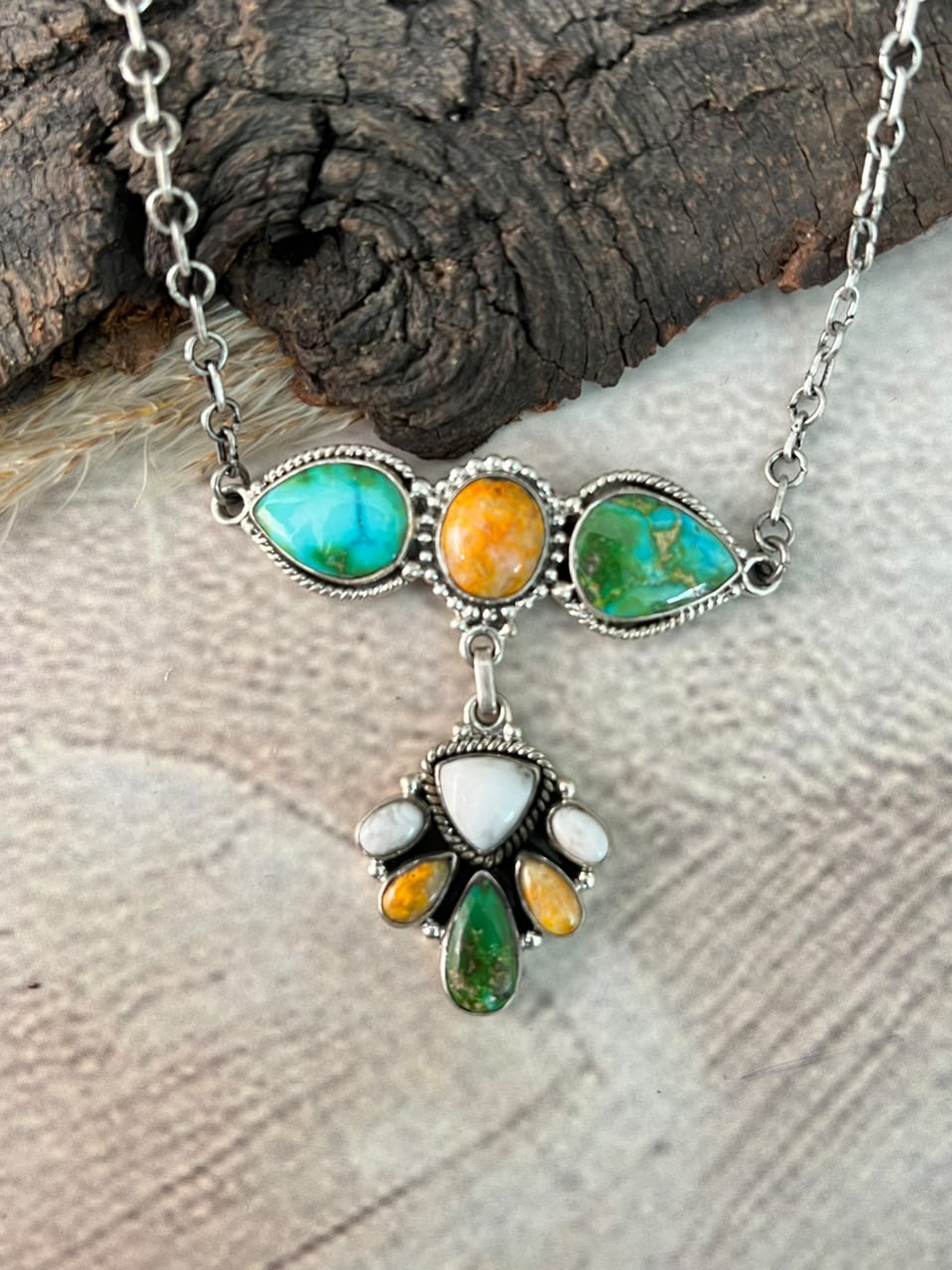 Handmade Sterling Silver Sonoran Mountain Turquoise with Bumblebee and White Buffalo Spring Collection: Necklace Signed Nizhoni