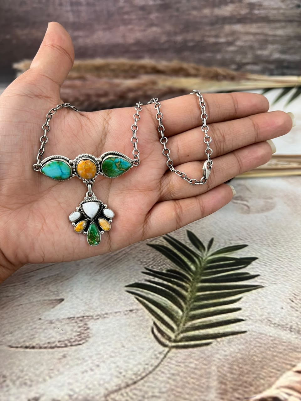 Handmade Sterling Silver Sonoran Mountain Turquoise with Bumblebee and White Buffalo Spring Collection: Necklace Signed Nizhoni