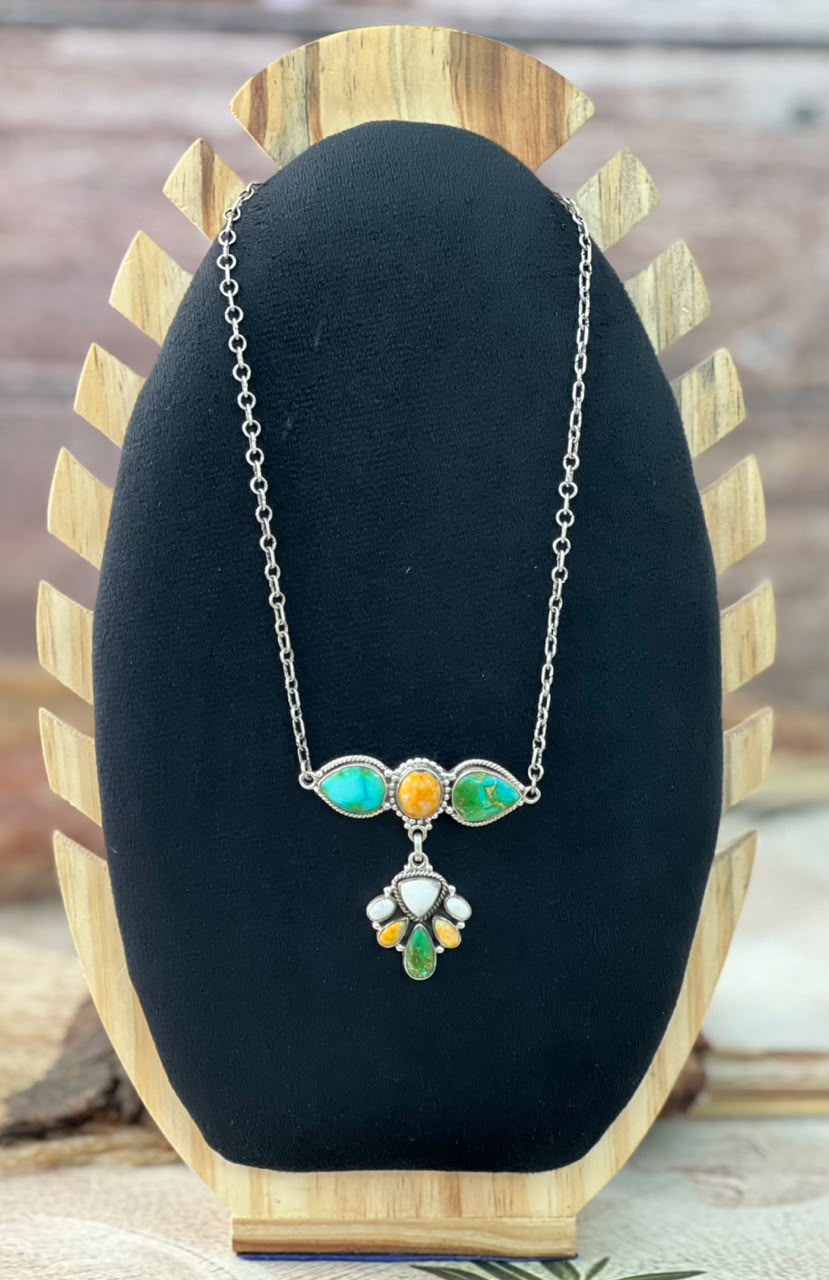 Handmade Sterling Silver Sonoran Mountain Turquoise with Bumblebee and White Buffalo Spring Collection: Necklace Signed Nizhoni