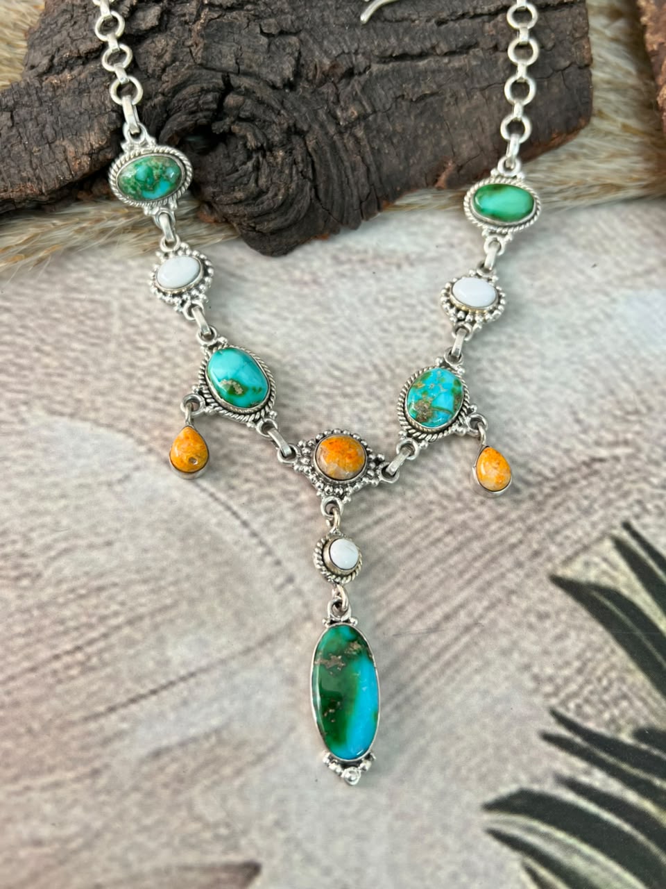 Handmade Sterling Silver Sonoran Mountain Turquoise with Bumblebee and White Buffalo Spring Collection: Necklace Signed Nizhoni