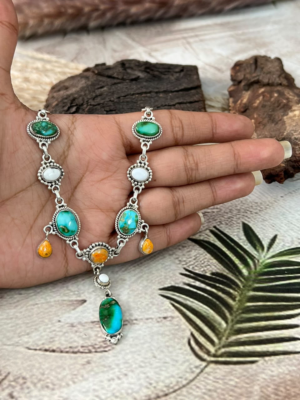 Handmade Sterling Silver Sonoran Mountain Turquoise with Bumblebee and White Buffalo Spring Collection: Necklace Signed Nizhoni