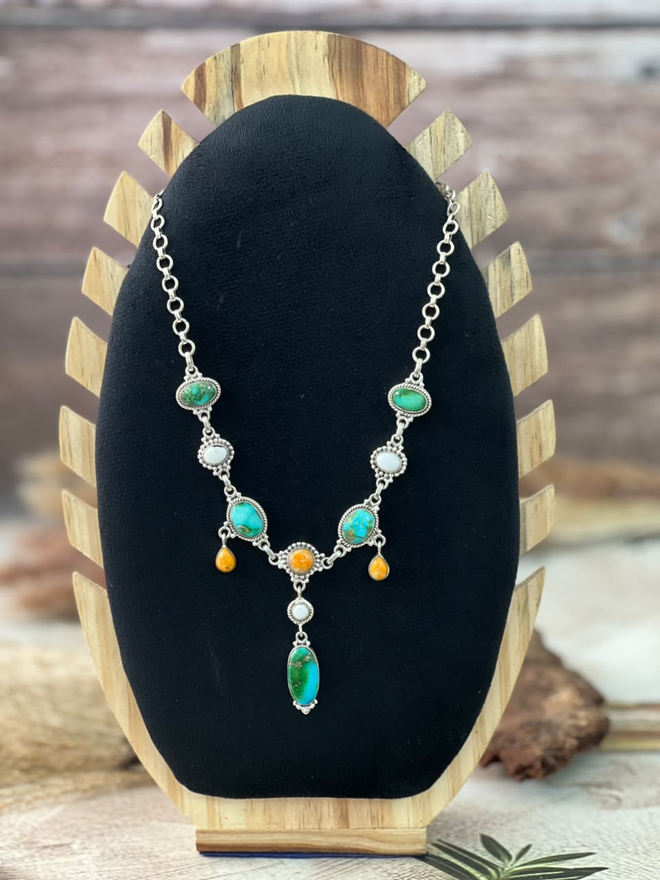 Handmade Sterling Silver Sonoran Mountain Turquoise with Bumblebee and White Buffalo Spring Collection: Necklace Signed Nizhoni