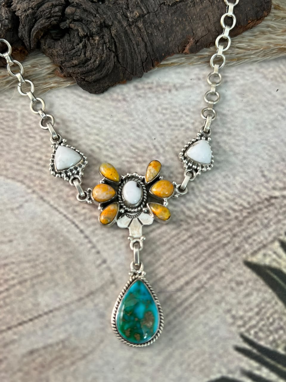 Handmade Sterling Silver Sonoran Mountain Turquoise with Bumblebee and White Buffalo Spring Collection: Choker Necklace Signed Nizhoni