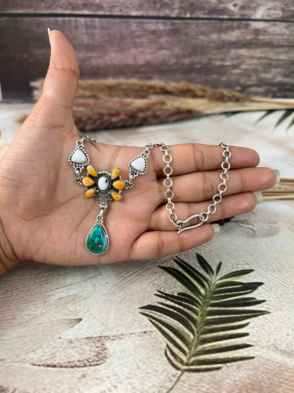 Handmade Sterling Silver Sonoran Mountain Turquoise with Bumblebee and White Buffalo Spring Collection: Choker Necklace Signed Nizhoni