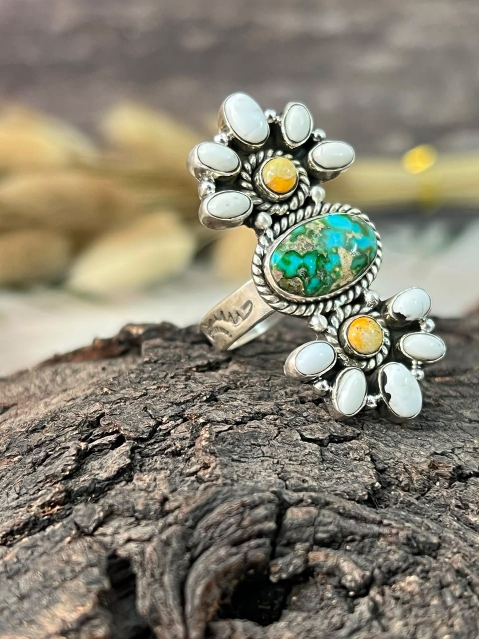 Handmade Sterling Silver Sonoran Mountain Turquoise with Bumblebee and White Buffalo Spring Collection: Adjustable Ring Signed Nizhoni