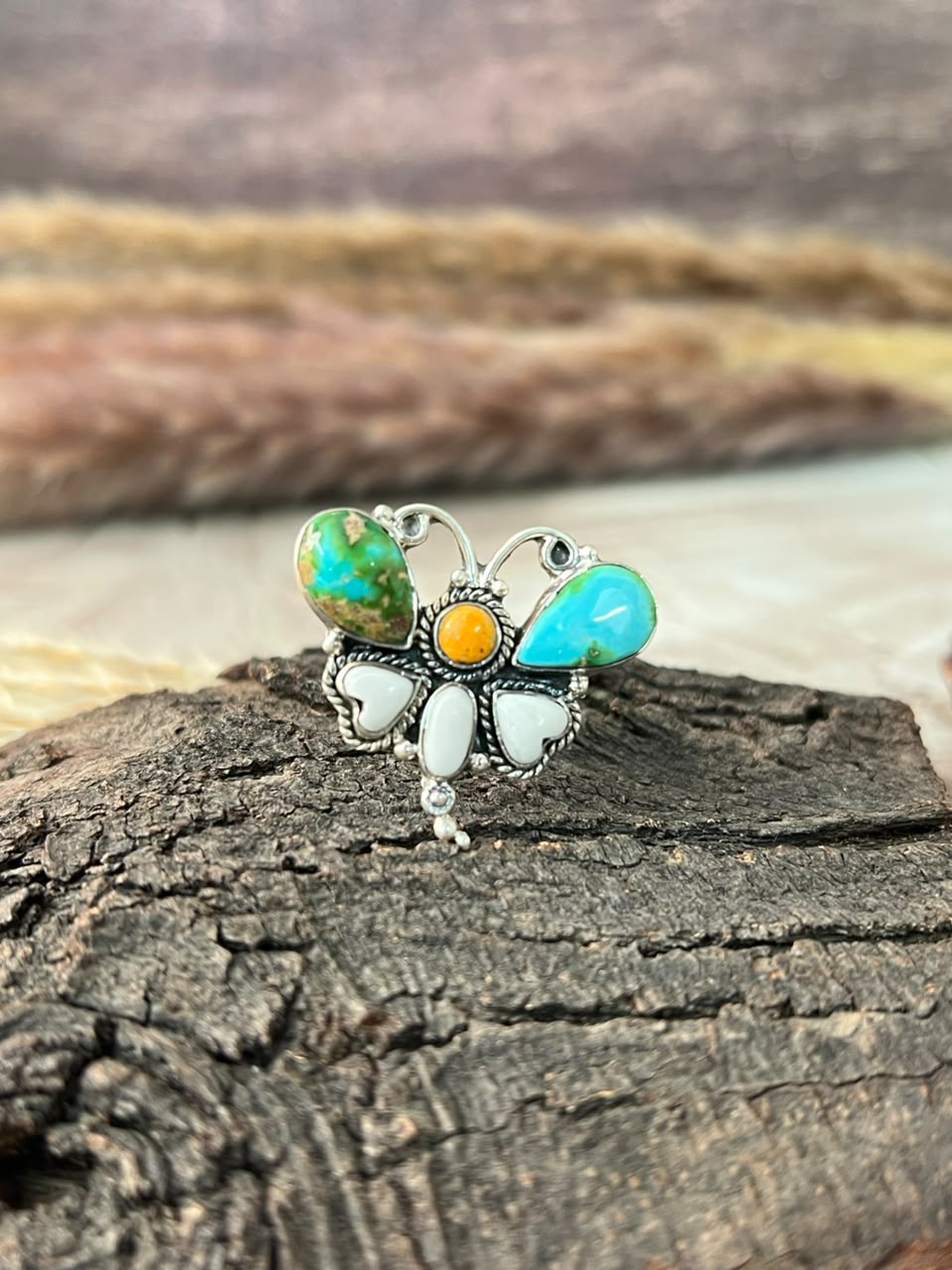 Handmade Sterling Silver Sonoran Mountain Turquoise with Bumblebee and White Buffalo Spring Collection: Butterfly Adjustable Ring Signed Nizhoni