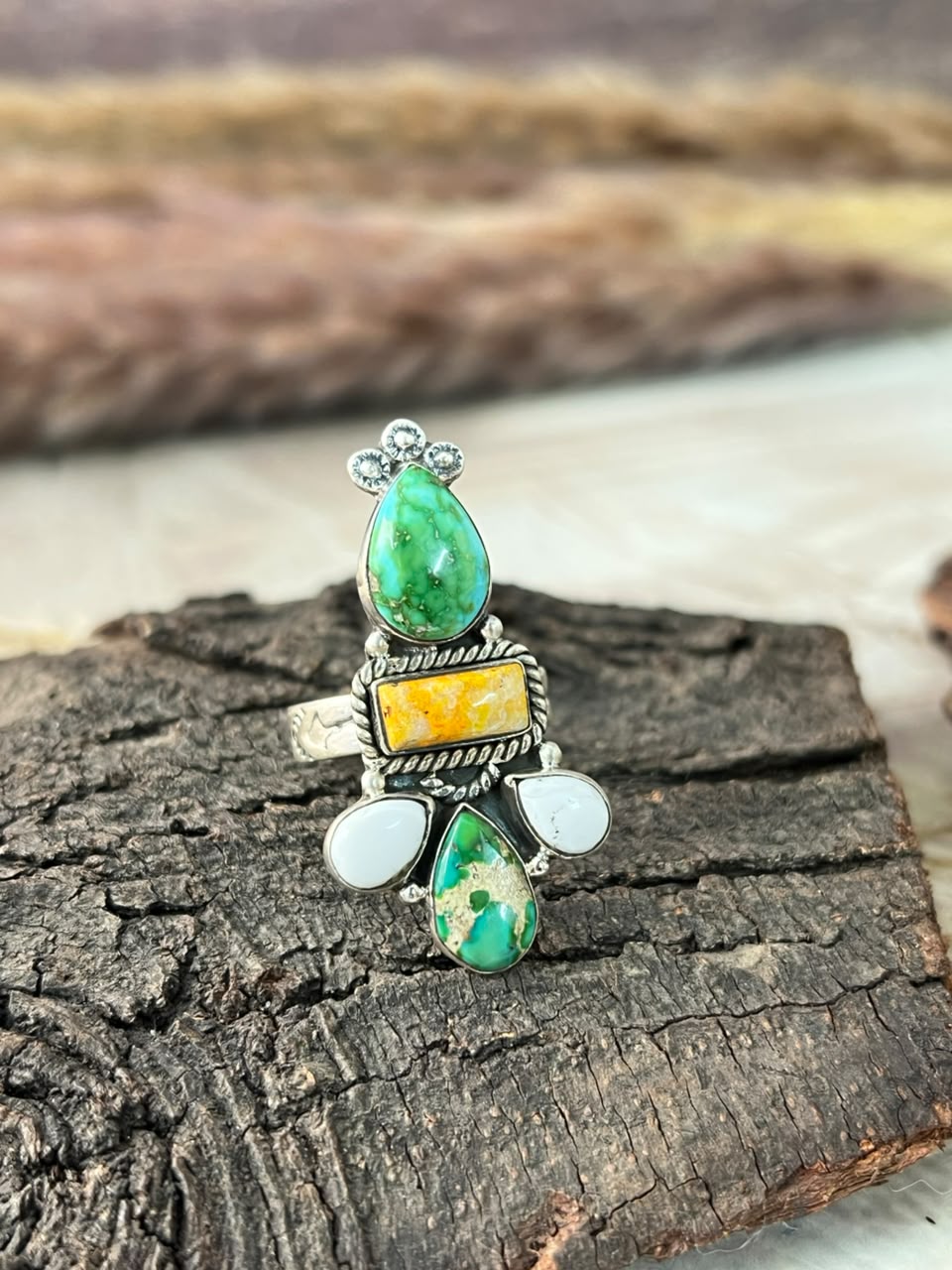 Handmade Sterling Silver Sonoran Mountain Turquoise with Bumblebee and White Buffalo Spring Collection: Adjustable Ring Signed Nizhoni