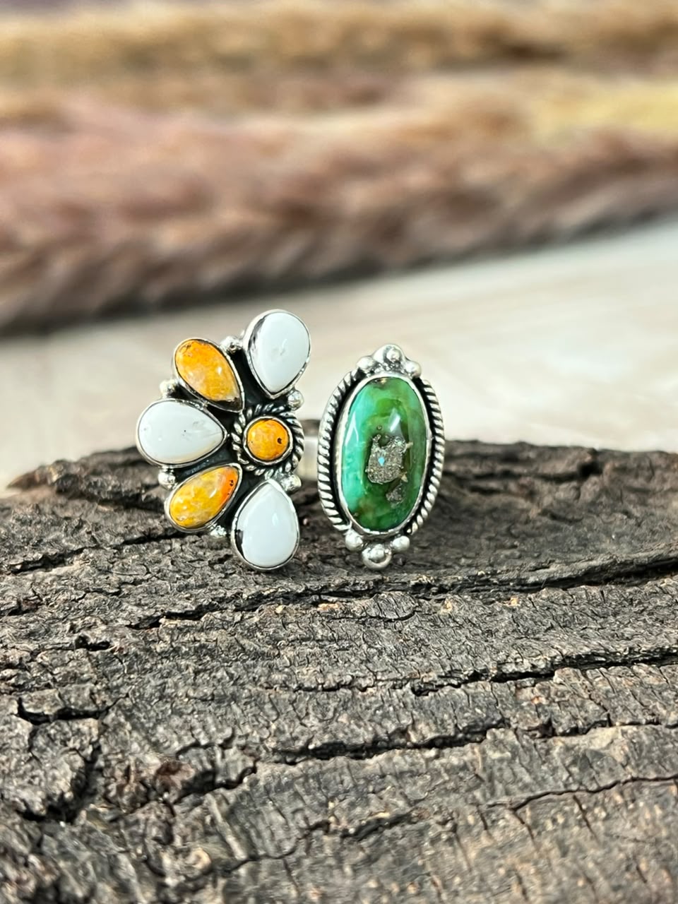 Handmade Sterling Silver Sonoran Mountain Turquoise with Bumblebee and White Buffalo Spring Collection: Adjustable Ring Signed Nizhoni