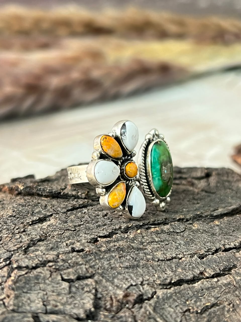 Handmade Sterling Silver Sonoran Mountain Turquoise with Bumblebee and White Buffalo Spring Collection: Adjustable Ring Signed Nizhoni