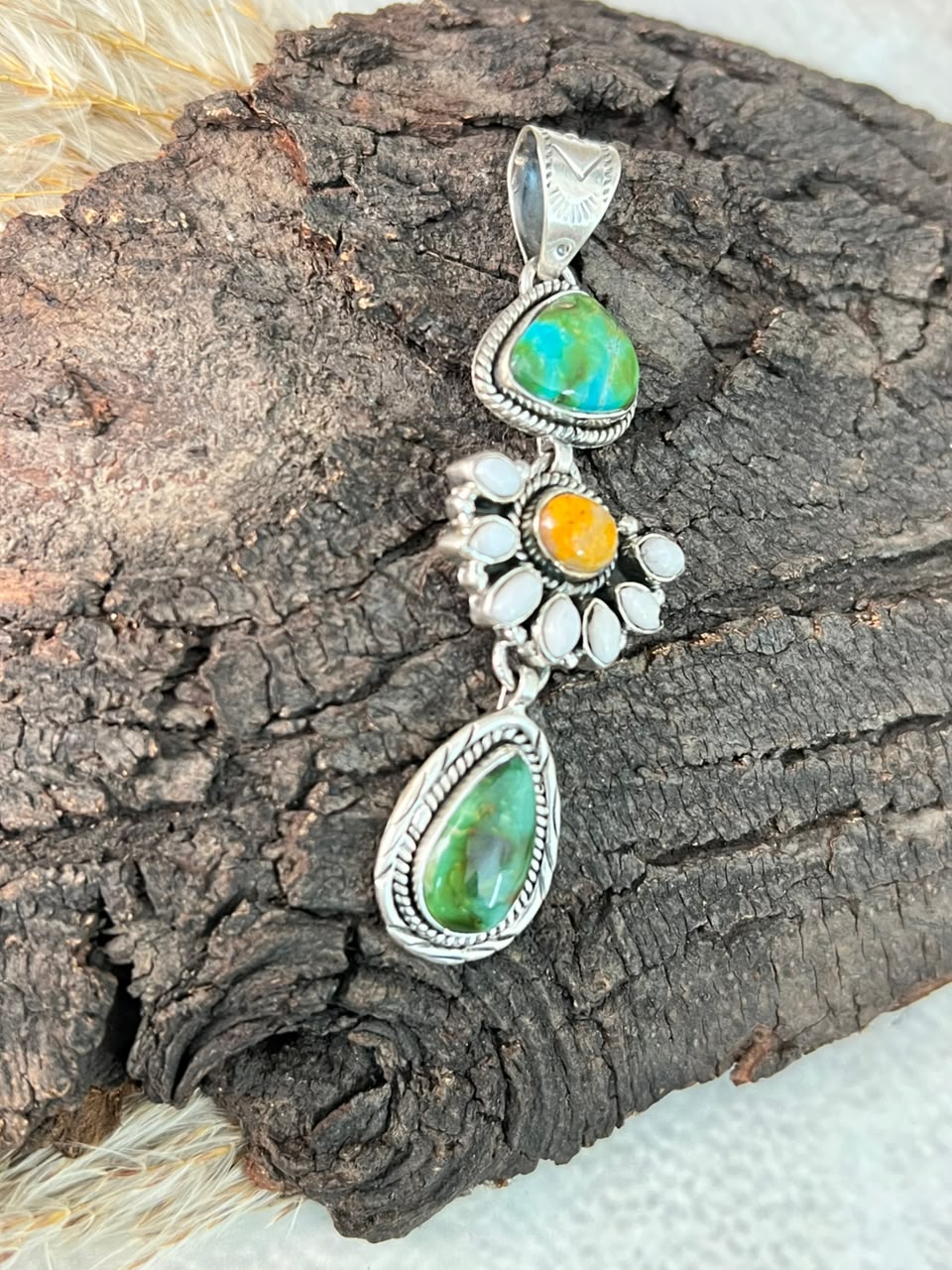 Handmade Sterling Silver Sonoran Mountain Turquoise with Bumblebee and White Buffalo Spring Collection: Pendant Signed Nizhoni
