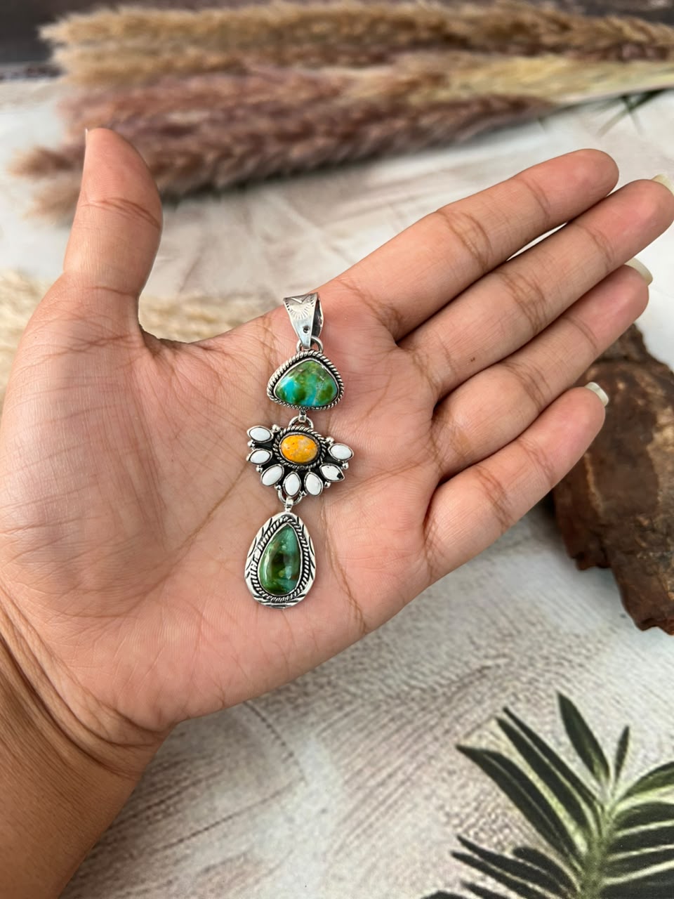 Handmade Sterling Silver Sonoran Mountain Turquoise with Bumblebee and White Buffalo Spring Collection: Pendant Signed Nizhoni