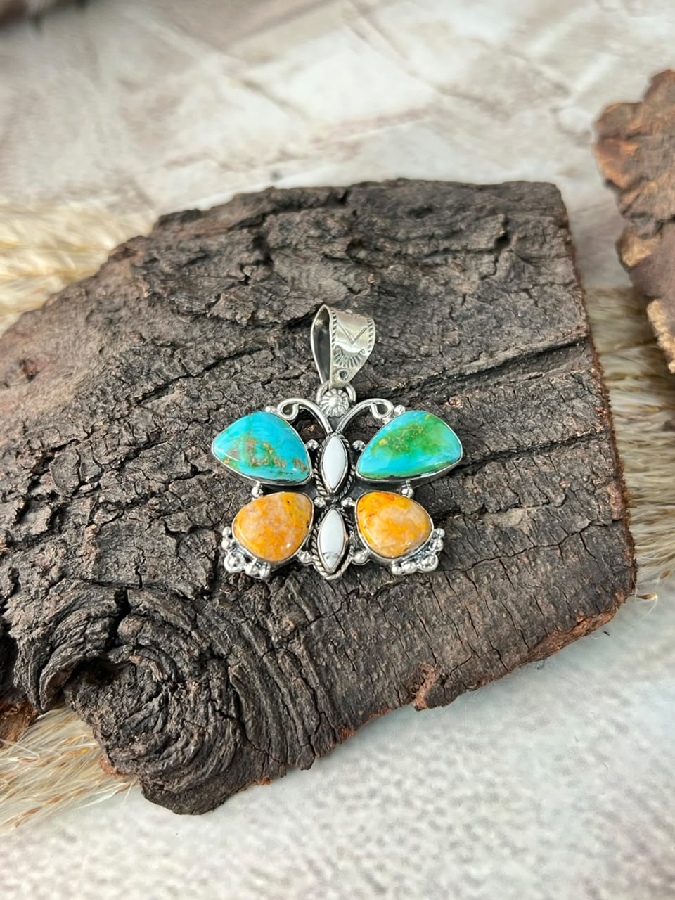 Handmade Sterling Silver Sonoran Mountain Turquoise with Bumblebee and White Buffalo Spring Collection: Butterfly Pendant Signed Nizhoni