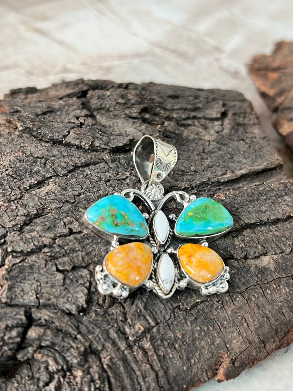 Handmade Sterling Silver Sonoran Mountain Turquoise with Bumblebee and White Buffalo Spring Collection: Butterfly Pendant Signed Nizhoni