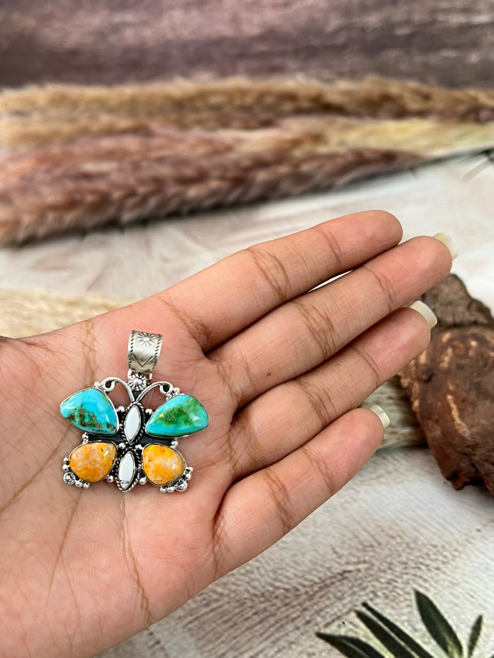 Handmade Sterling Silver Sonoran Mountain Turquoise with Bumblebee and White Buffalo Spring Collection: Butterfly Pendant Signed Nizhoni
