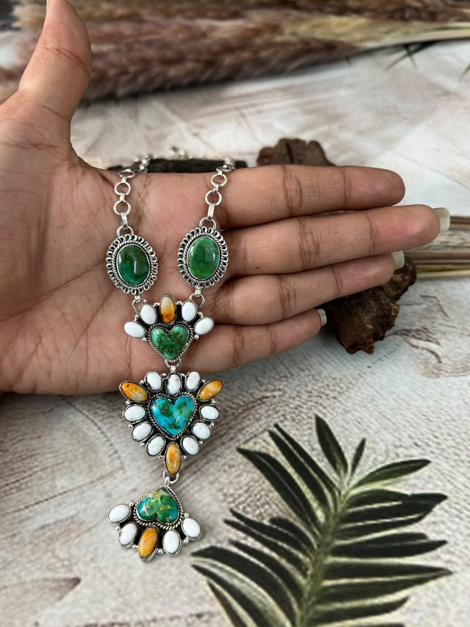 Handmade Sterling Silver Sonoran Mountain Turquoise with Bumblebee and White Buffalo Spring Collection: Necklace Signed Nizhoni