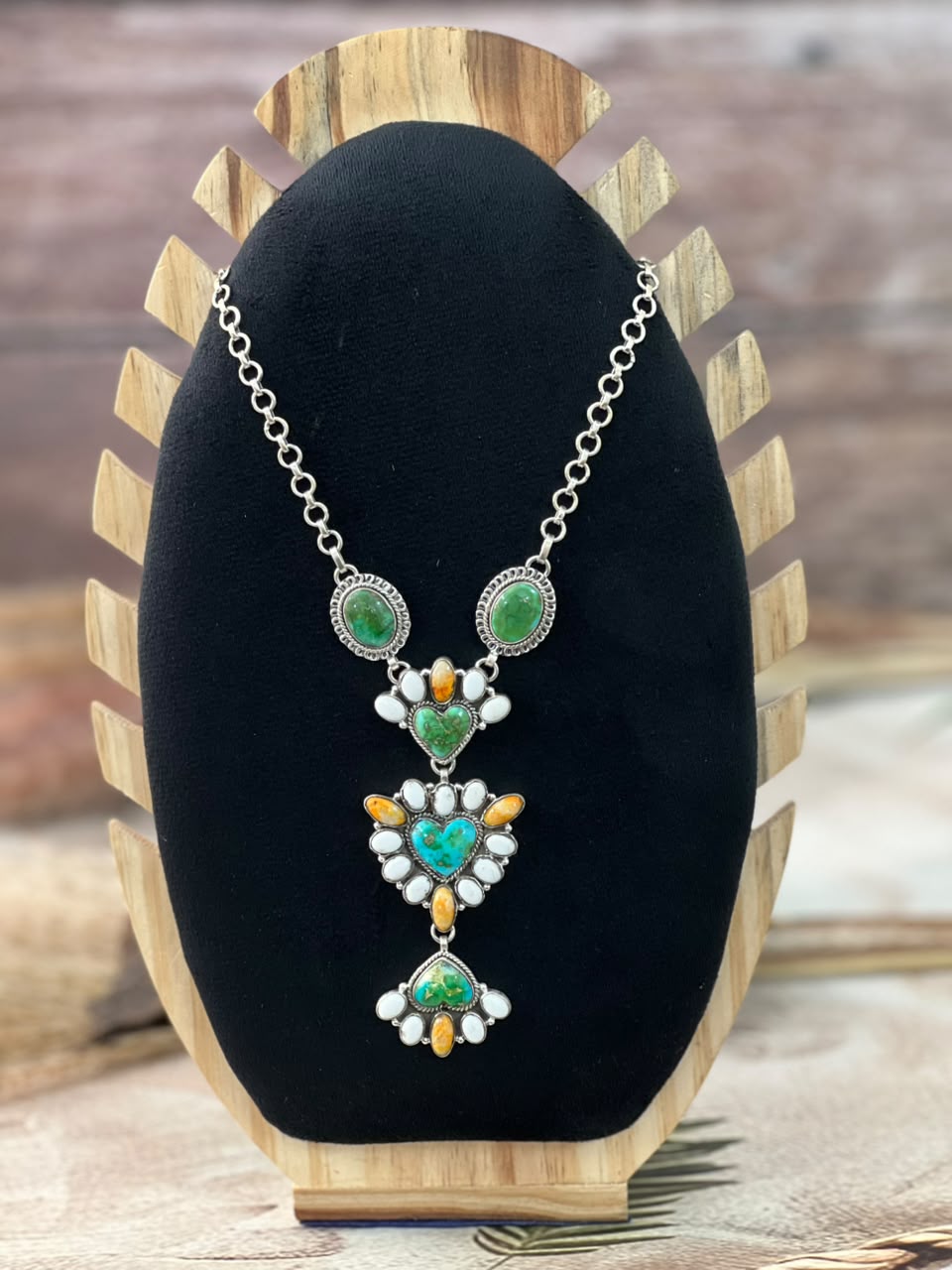 Handmade Sterling Silver Sonoran Mountain Turquoise with Bumblebee and White Buffalo Spring Collection: Necklace Signed Nizhoni