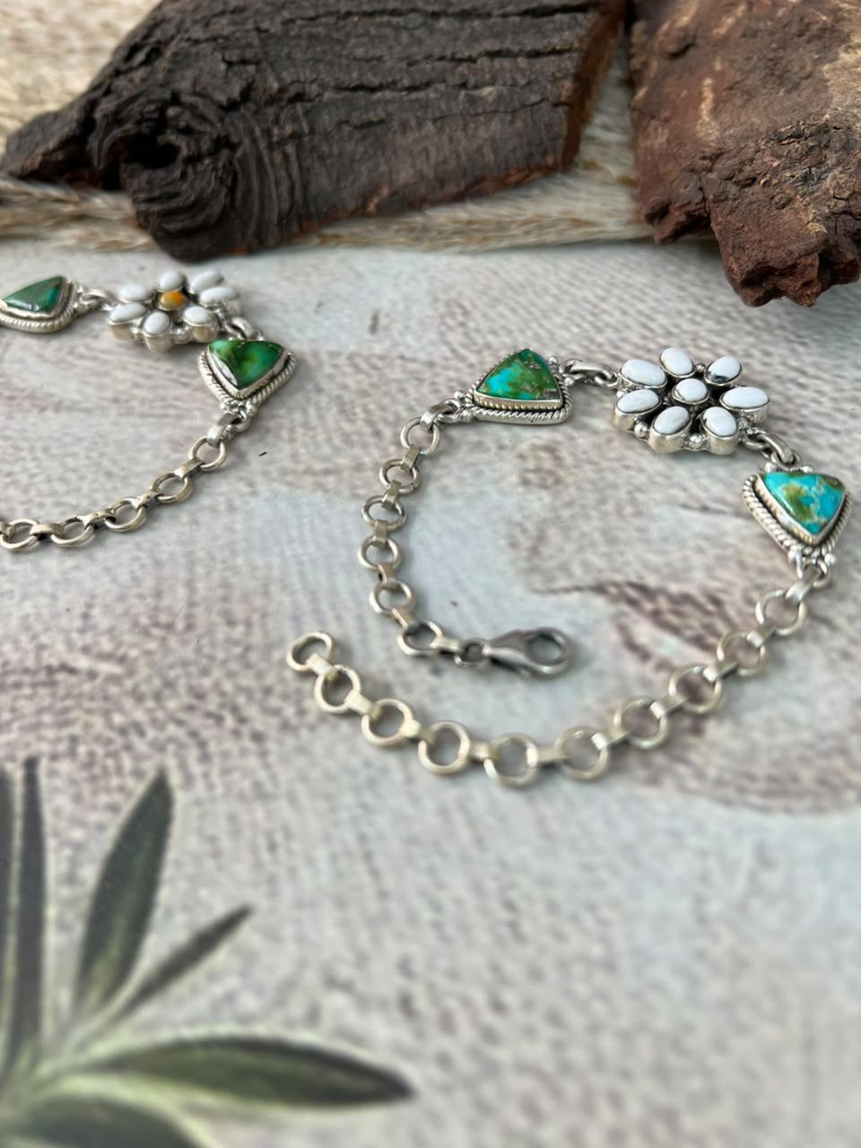 Handmade Sterling Silver Sonoran Mountain Turquoise with Bumblebee and White Buffalo Spring Collection: Chain Bracelet Signed Nizhoni