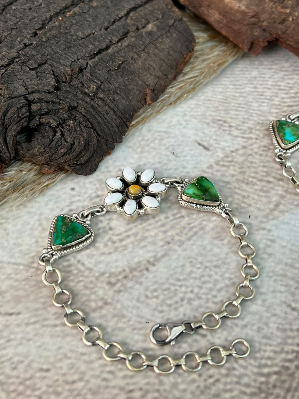 Handmade Sterling Silver Sonoran Mountain Turquoise with Bumblebee and White Buffalo Spring Collection: Chain Bracelet Signed Nizhoni
